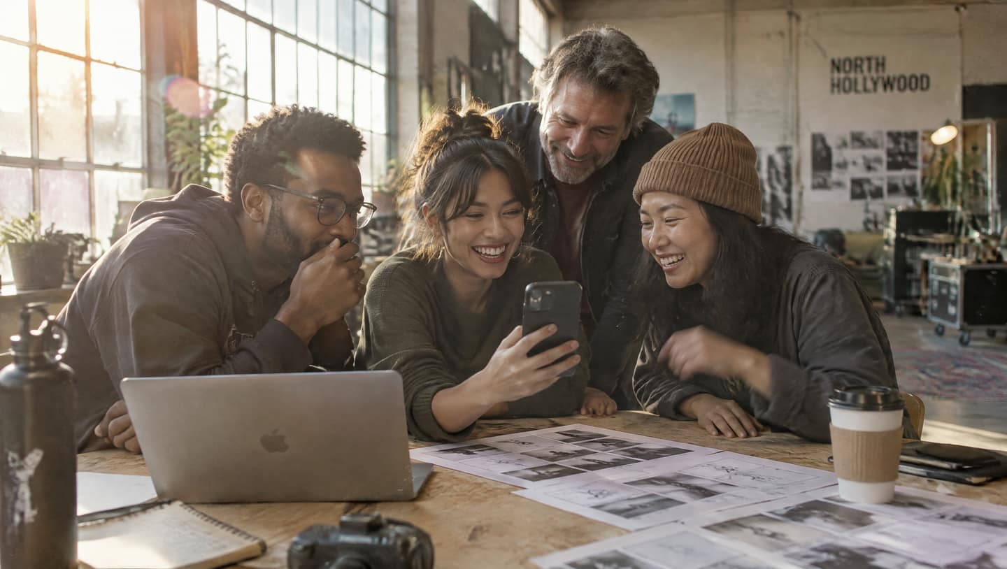A small creative team in a sunlit North Hollywood studio gathered around a phone and printed storyboards